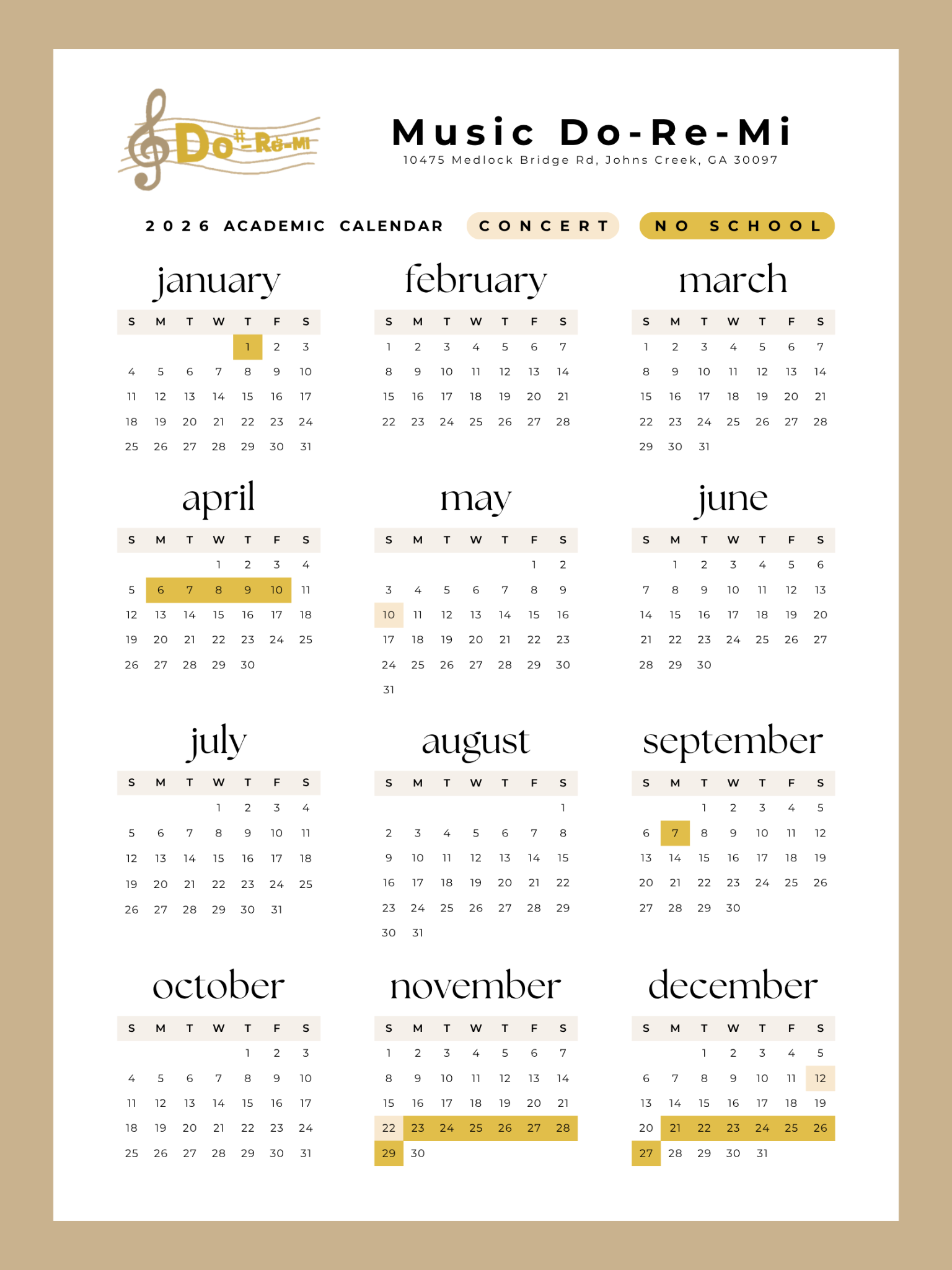 Music Do-Re-Mi Calendar 2026